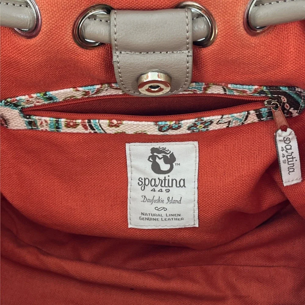 Retired Spartina 449 Bag Hobo Boho Beach Bucket‎ Drawstring Tote Linen & Leather